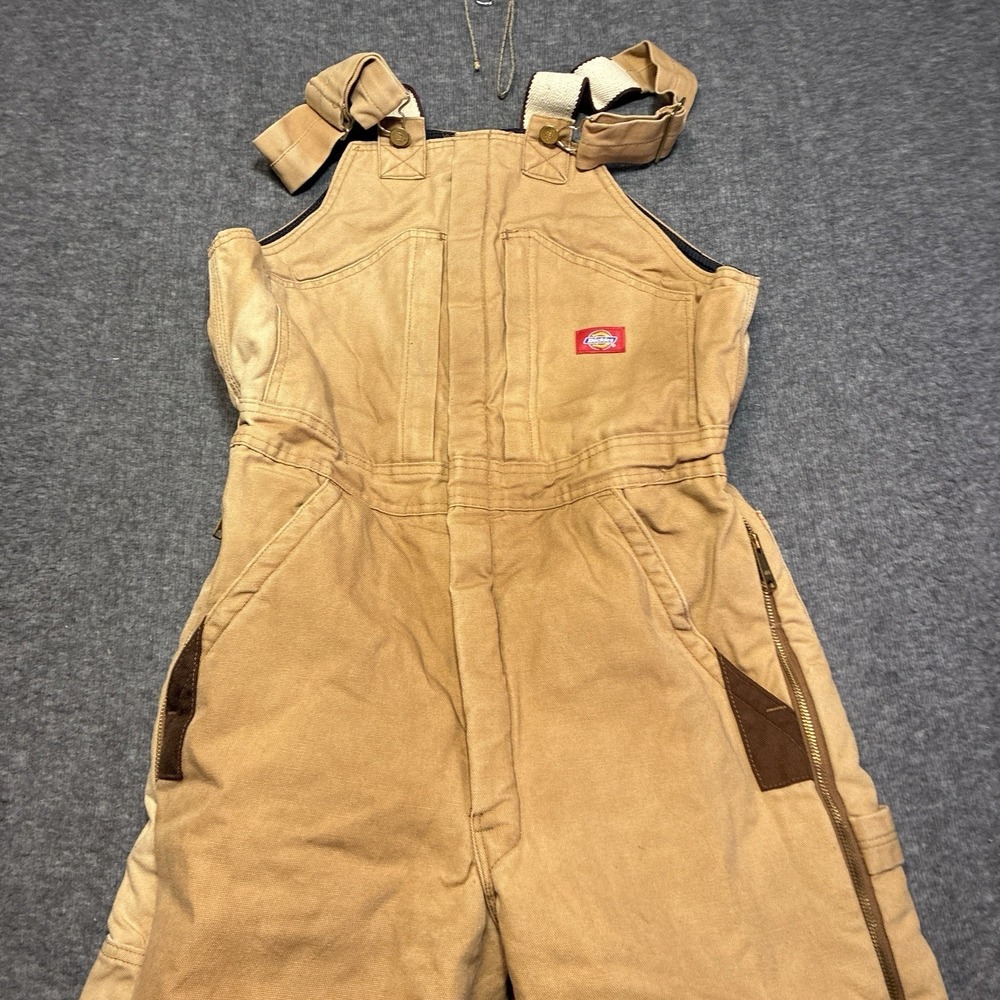 Dickies Bib Overalls Mens Medium Tall Brown Quilt Lined Duck Canvas Workwear